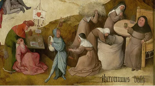 Jheronimus Bosch, Il carro di fieno, 1510-16 (dettaglio del pannello centrale), Madrid, Museo Nacional del Prado.