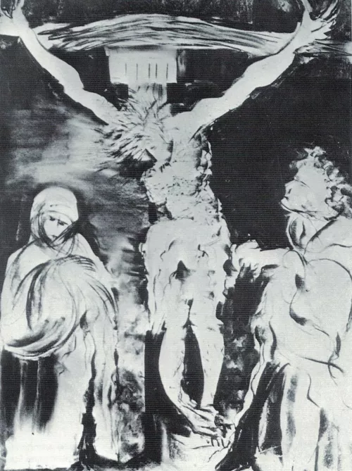 Riproduzione che analizza la Crocifissione di Matthias Grünewald, Weimar 1921.
