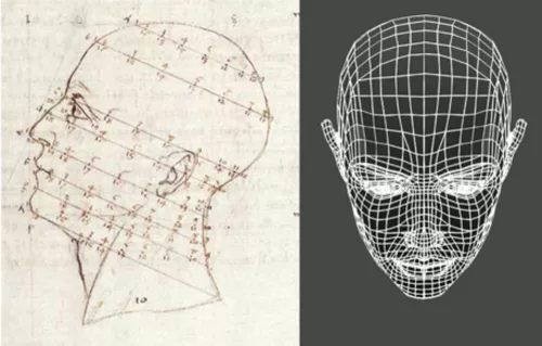 Disegno di Piero della Francesca tratto da De prospectica pingendi e visualizzazione wireframe di una testa costruita con un software per la modellazione 3D
