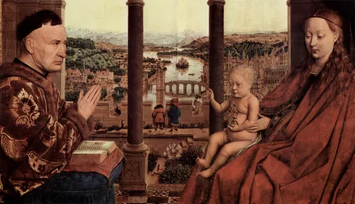 Jan van Eyck, Madonna del Cancelliere Rolin (dett.), 1435 ca., Museo del Louvre, Parigi.