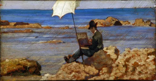 Giovanni Fattori, Silvestro Lega che dipinge sugli scogli, 1867 ca.